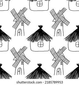 Seamless pattern of russian rustic huts and mill. Set of old daubed houses and wooden windmill.