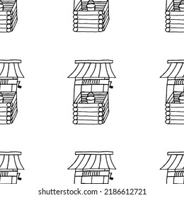 Seamless pattern of russian rustic pit. Set of old wooden well.