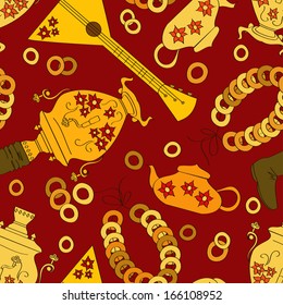 Seamless pattern with Russian samovar, balalaika and tea stuff