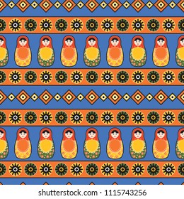 Seamless pattern in Russian style with matryoshka dolls.