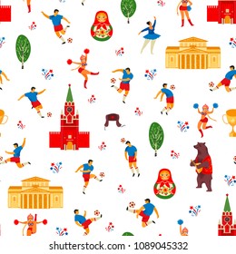 Seamless pattern in Russian style. Soccer players, cheerleaders girls and Russian symbols. Vector temlate.