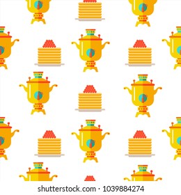Seamless pattern. Russian tradition. Russian food. Samovar and pancakes with caviar. Vector illustration.