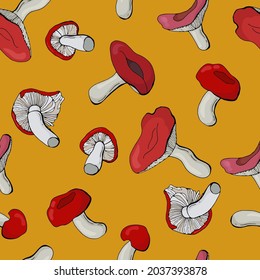Seamless pattern with russula mushrooms. Design for fabric, textile, packaging, wallpaper.	
