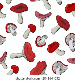 Seamless pattern with russula mushrooms. Design for fabric, textile, packaging, wallpaper.	