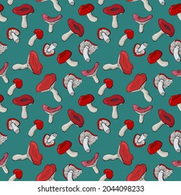 Seamless pattern with russula mushrooms. Design for fabric, textile, packaging, wallpaper.