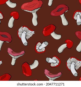 Seamless pattern with russula mushrooms. Design for fabric, textile, packaging, wallpaper.