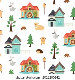 Seamless pattern rustic animal life. Repetitive background with a rustic motif. Vector hand draw paper, nursery design wallpaper