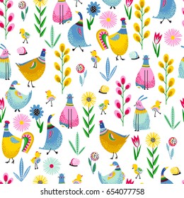 Seamless pattern of rustic animals, birds and flowers on a white background. Vector illustration.