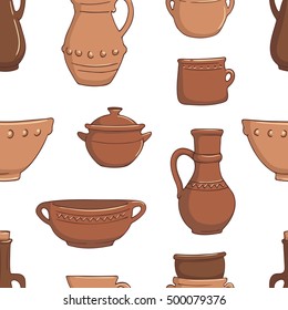 Seamless pattern with rustic ceramic utensils.