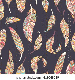 Seamless pattern with Rustic Ethnic decorative feathers, endless colorful background. Hand drawn vintage vector design set. Colored sketch illustration. Vintage Tribal and Decorative feathers.