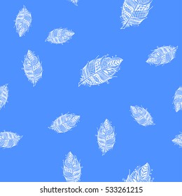 Seamless pattern with Rustic Ethnic decorative feathers, endless blue background. Hand drawn vintage vector design. Vector Sketch illustration. Vintage Tribal and Decorative feathers.