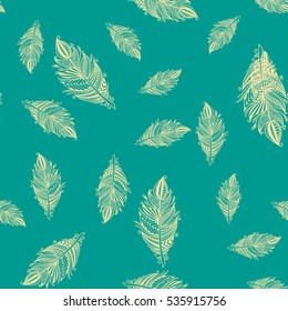 Seamless pattern with Rustic Ethnic decorative feathers, endless turquoise color background. Hand drawn vintage vector design. Vector Sketch illustration. Vintage Tribal and Decorative feathers.