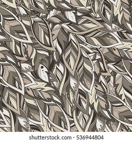 Seamless pattern with Rustic Ethnic decorative feathers, endless colorful background. Hand drawn vintage vector design set. Colored sketch illustration. Vintage Tribal and Decorative feathers.