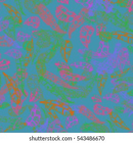 Seamless pattern with Rustic Ethnic decorative feathers, endless colorful background. Hand drawn vintage vector design set. Colored sketch illustration. Vintage Tribal and Decorative feathers.