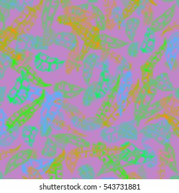 Seamless pattern with Rustic Ethnic decorative feathers, endless colorful background. Hand drawn vintage vector design set. Colored sketch illustration. Vintage Tribal and Decorative feathers.