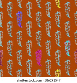 Seamless pattern with Rustic Ethnic decorative feathers, endless colorful background. Hand drawn vintage vector design set. Colored sketch illustration. Vintage Tribal and Decorative feathers.