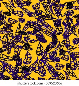 Seamless pattern with Rustic Ethnic decorative feathers, endless colorful background. Hand drawn vintage design. Colored sketch illustration. Vintage Tribal and Decorative feathers.