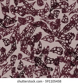 Seamless pattern with Rustic Ethnic decorative feathers, endless colorful background. Hand drawn vintage design. Colored sketch illustration. Vintage Tribal and Decorative feathers.