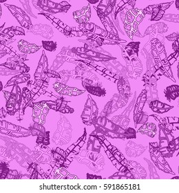 Seamless pattern with Rustic Ethnic decorative feathers, endless colorful background. Hand drawn vintage design. Colored sketch illustration. Vintage Tribal and Decorative feathers.