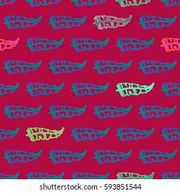 Seamless pattern with Rustic Ethnic decorative feathers, endless colorful background. Hand drawn vintage design. Colored sketch illustration. Vintage Tribal and Decorative feathers.