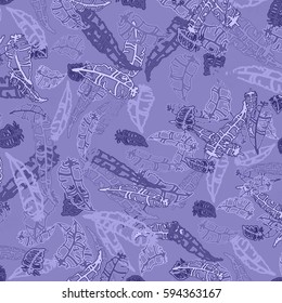 Seamless pattern with Rustic Ethnic decorative feathers, endless colorful background. Hand drawn vintage design. Colored sketch illustration. Vintage Tribal and Decorative feathers.