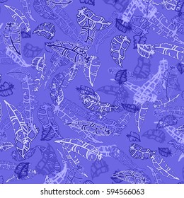 Seamless pattern with Rustic Ethnic decorative feathers, endless colorful background. Hand drawn vintage design. Colored sketch illustration. Vintage Tribal and Decorative feathers.
