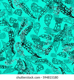 Seamless pattern with Rustic Ethnic decorative feathers, endless colorful background. Hand drawn vintage design. Colored sketch illustration. Vintage Tribal and Decorative feathers.