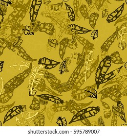Seamless pattern with Rustic Ethnic decorative feathers, endless colorful background. Hand drawn vintage design. Colored sketch illustration. Vintage Tribal and Decorative feathers.
