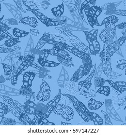 Seamless pattern with Rustic Ethnic decorative feathers, endless colorful background. Hand drawn vintage design. Colored sketch illustration. Vintage Tribal and Decorative feathers.