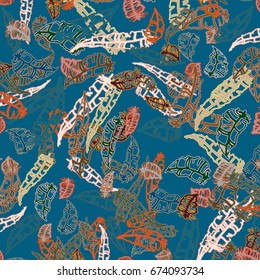 Seamless pattern with Rustic Ethnic decorative feathers, endless colorful background. Hand drawn vintage design. Colored sketch illustration. Vintage Tribal and Decorative feathers.