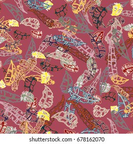 Seamless pattern with Rustic Ethnic decorative feathers, endless colorful background. Hand drawn vintage design. Colored sketch illustration. Vintage Tribal and Decorative feathers.