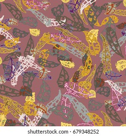 Seamless pattern with Rustic Ethnic decorative feathers, endless colorful background. Hand drawn vintage design. Colored sketch illustration. Vintage Tribal and Decorative feathers.