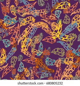 Seamless pattern with Rustic Ethnic decorative feathers, endless colorful background. Hand drawn vintage design. Colored sketch illustration. Vintage Tribal and Decorative feathers.