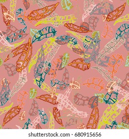 Seamless pattern with Rustic Ethnic decorative feathers, endless colorful background. Hand drawn vintage design. Colored sketch illustration. Vintage Tribal and Decorative feathers.