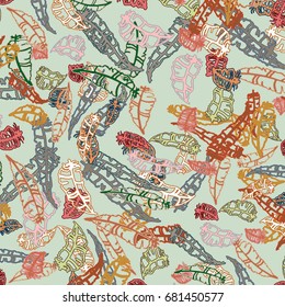 Seamless pattern with Rustic Ethnic decorative feathers, endless colorful background. Hand drawn vintage design. Colored sketch illustration. Vintage Tribal and Decorative feathers.
