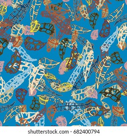 Seamless pattern with Rustic Ethnic decorative feathers, endless colorful background. Hand drawn vintage design. Colored sketch illustration. Vintage Tribal and Decorative feathers.