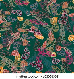 Seamless pattern with Rustic Ethnic decorative feathers, endless colorful background. Hand drawn vintage design. Colored sketch illustration. Vintage Tribal and Decorative feathers.