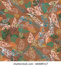 Seamless pattern with Rustic Ethnic decorative feathers, endless colorful background. Hand drawn vintage design. Colored sketch illustration. Vintage Tribal and Decorative feathers.