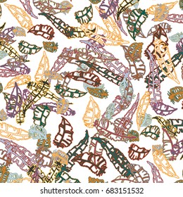 Seamless pattern with Rustic Ethnic decorative feathers, endless colorful background. Hand drawn vintage design. Colored sketch illustration. Vintage Tribal and Decorative feathers.