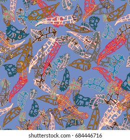 Seamless pattern with Rustic Ethnic decorative feathers, endless colorful background. Hand drawn vintage design. Colored sketch illustration. Vintage Tribal and Decorative feathers.