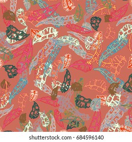 Seamless pattern with Rustic Ethnic decorative feathers, endless colorful background. Hand drawn vintage design. Colored sketch illustration. Vintage Tribal and Decorative feathers.