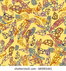 Seamless pattern with Rustic Ethnic decorative feathers, endless colorful background. Hand drawn vintage design. Colored sketch illustration. Vintage Tribal and Decorative feathers.