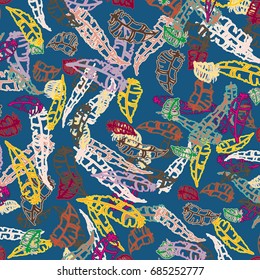 Seamless pattern with Rustic Ethnic decorative feathers, endless colorful background. Hand drawn vintage design. Colored sketch illustration. Vintage Tribal and Decorative feathers.