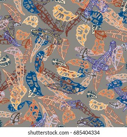 Seamless pattern with Rustic Ethnic decorative feathers, endless colorful background. Hand drawn vintage design. Colored sketch illustration. Vintage Tribal and Decorative feathers.