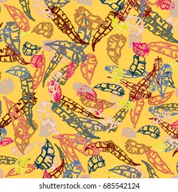 Seamless pattern with Rustic Ethnic decorative feathers, endless colorful background. Hand drawn vintage design. Colored sketch illustration. Vintage Tribal and Decorative feathers.