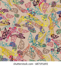 Seamless pattern with Rustic Ethnic decorative feathers, endless colorful background. Hand drawn vintage design. Colored sketch illustration. Vintage Tribal and Decorative feathers.