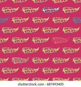 Seamless pattern with Rustic Ethnic decorative feathers, endless colorful background. Hand drawn vintage design. Colored sketch illustration. Vintage Tribal and Decorative feathers.