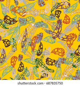 Seamless pattern with Rustic Ethnic decorative feathers, endless colorful background. Hand drawn vintage design. Colored sketch illustration. Vintage Tribal and Decorative feathers.