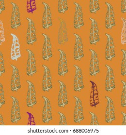 Seamless pattern with Rustic Ethnic decorative feathers, endless colorful background. Hand drawn vintage design. Colored sketch illustration. Vintage Tribal and Decorative feathers.
