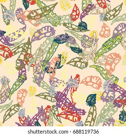 Seamless pattern with Rustic Ethnic decorative feathers, endless colorful background. Hand drawn vintage design. Colored sketch illustration. Vintage Tribal and Decorative feathers.